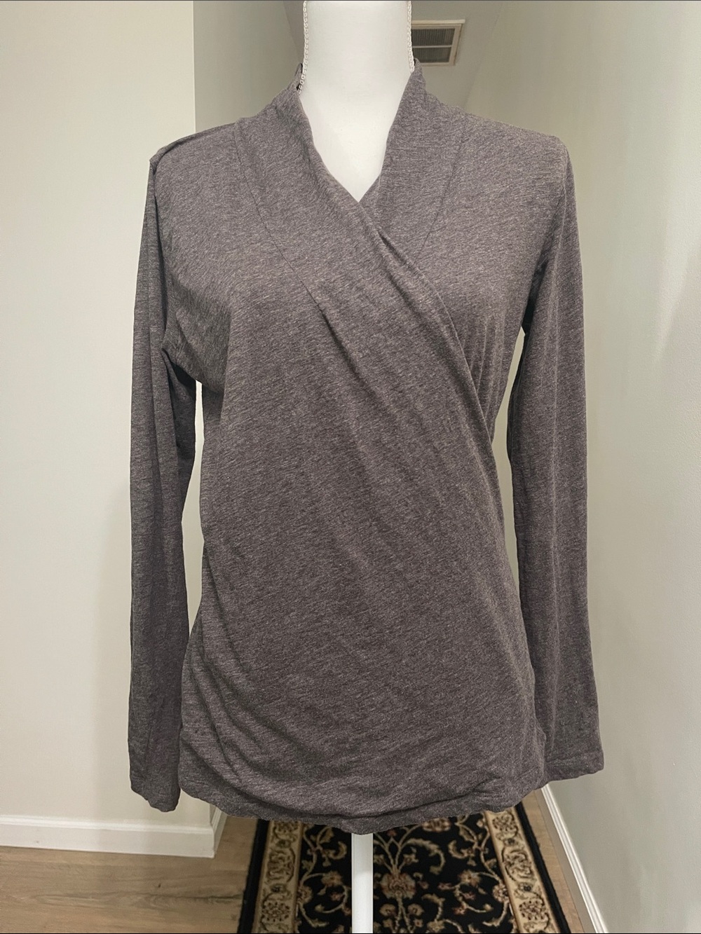 CAbI Heather Grey Faux Wrap Drape Neck Long Sleeve Top Medium